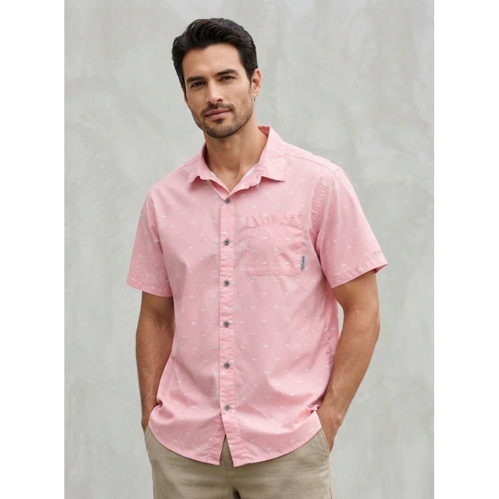 Columbia‎ PFG Fish Print Short Sleeve Button Down Fishing Shirt Pink XXL